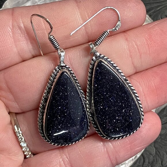 Blue Goldstone Earrings Crystal Stone Jewelry - Picture 3 of 5